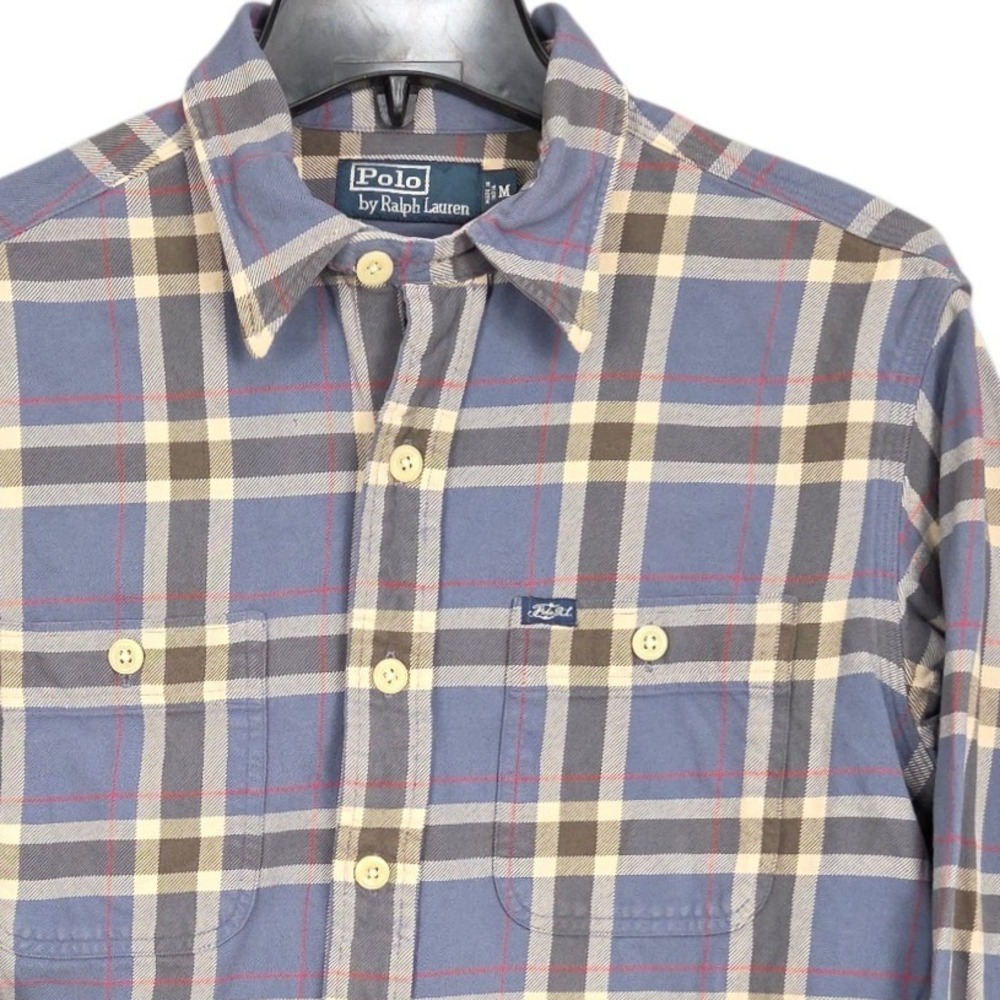 Polo Ralph Lauren Button Down Shirt Men Medium‎ Blue Gray Plaid Twill Cotton